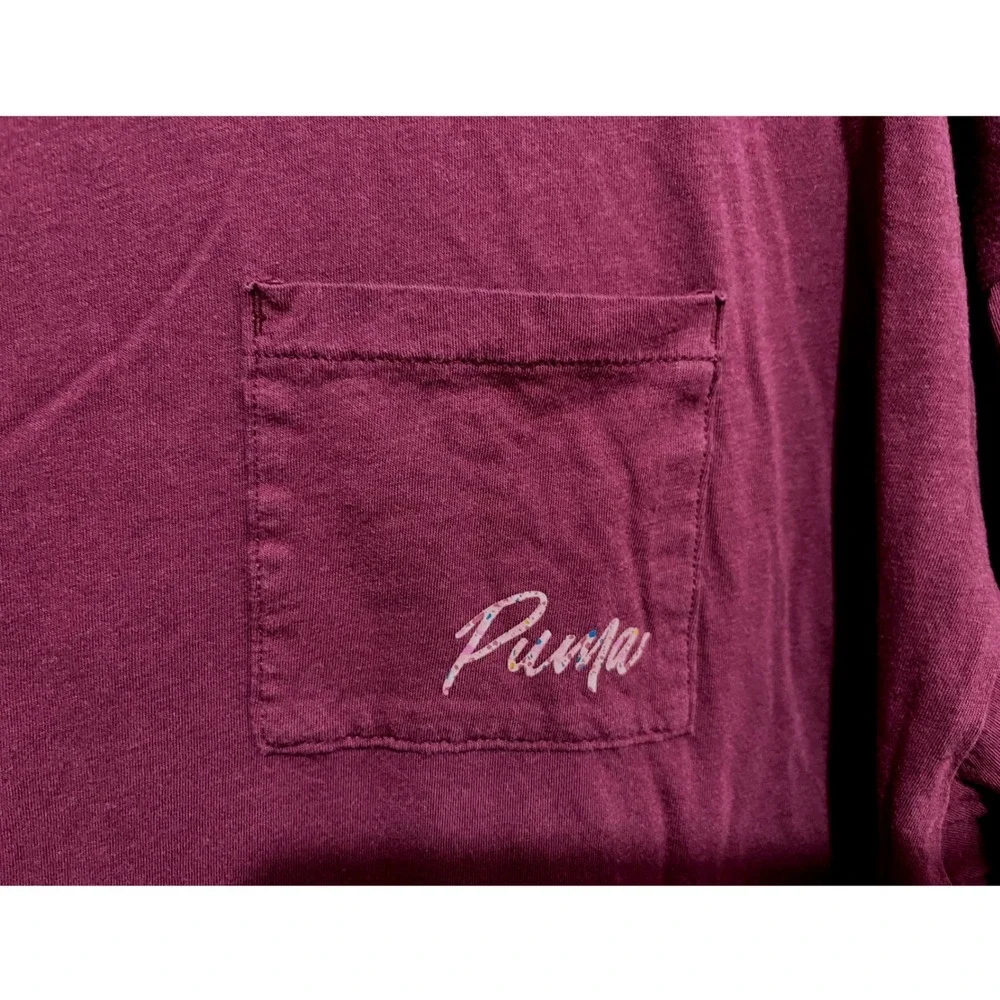 Puma Womens Boxy Pocket T-Shirt Burgundy Script Logo XL Short Sleeve-Retro - Picture 6 of 11